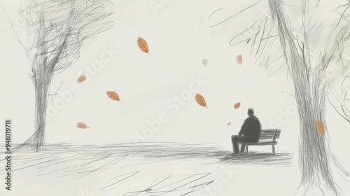 An artistic sketch depicts a solitary man sitting thoughtfully on a park bench with leaves gently falling around, invoking a sense of reflection and introspection.