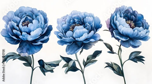 A stunning illustration of three blue peonies in full bloom, capturing their intricate petals and lush greenery. Perfect for floral artwork enthusiasts and nature lovers.