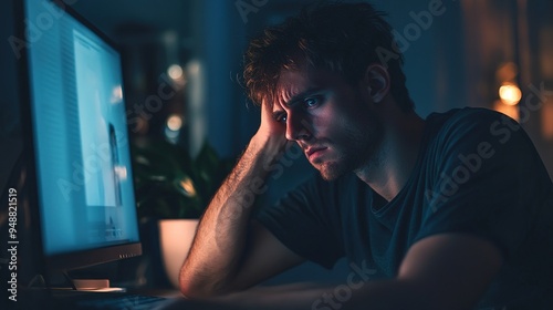 Man staring intently at computer screen in dark room with soft blue light and focused expression