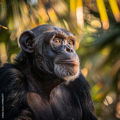 close up charming chimpanzee with a glossy coat and thoughtful expression, gently blurred tropical foliage, warm, diffused sun creating highs on the chimpanzee s fur, photo