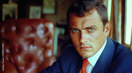 A man in a sharp suit, sitting on a leather sofa, gazes intensely at the camera, his composed demeanor highlighted by the cozy indoor environment and classical style. photo