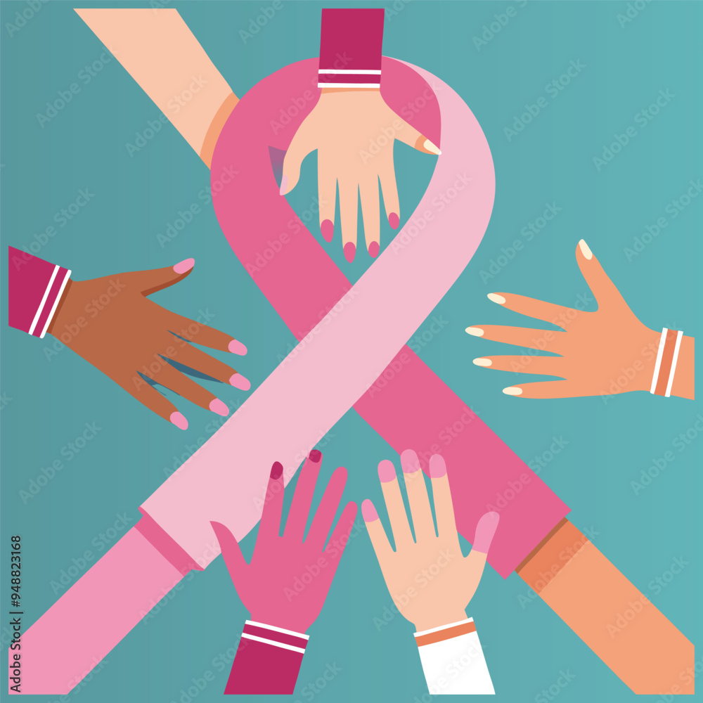 Obraz premium Multiple hands of different sizes and genders coming together to form a pink ribbon