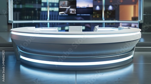 An empty curved news desk with sleek news studio with screen