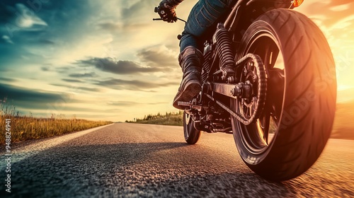 Biker riding on road at sunset, wearing jeans and boots, close-up of motorcycle with black wheels, copy space