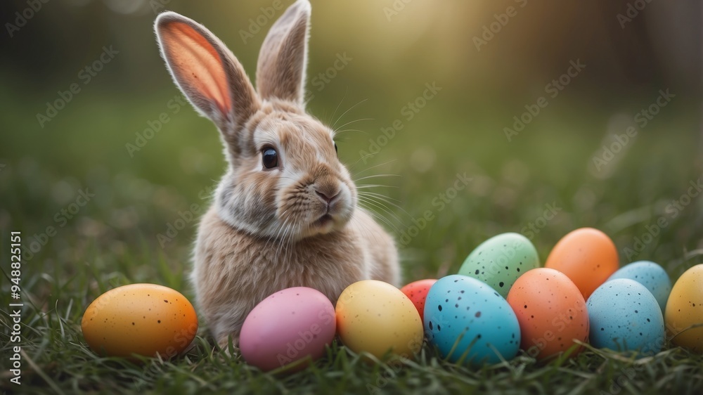 Easter Bunny with Colorful Eggs in Grass. Easter Bunny with Colorful Eggs in Grass.