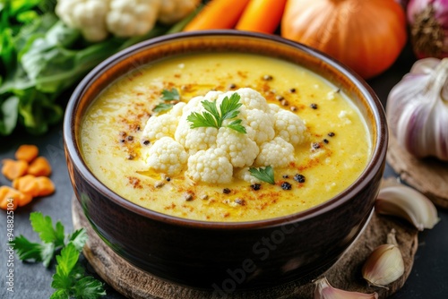 Fototapeta Naklejka Na Ścianę i Meble -  Curry Cauliflower Soup. Delicious and Healthy Vegetable Puree with Spices