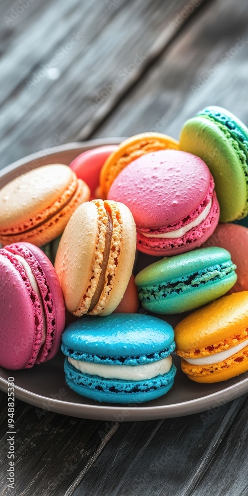 Eiffel Macaron. French Confectionery Delight: Colorful Macarons on Plate with Grey Wooden Background Eiffel Macaron. French Confectionery Delight: Colorful Macarons on Plate with Grey Wooden Background