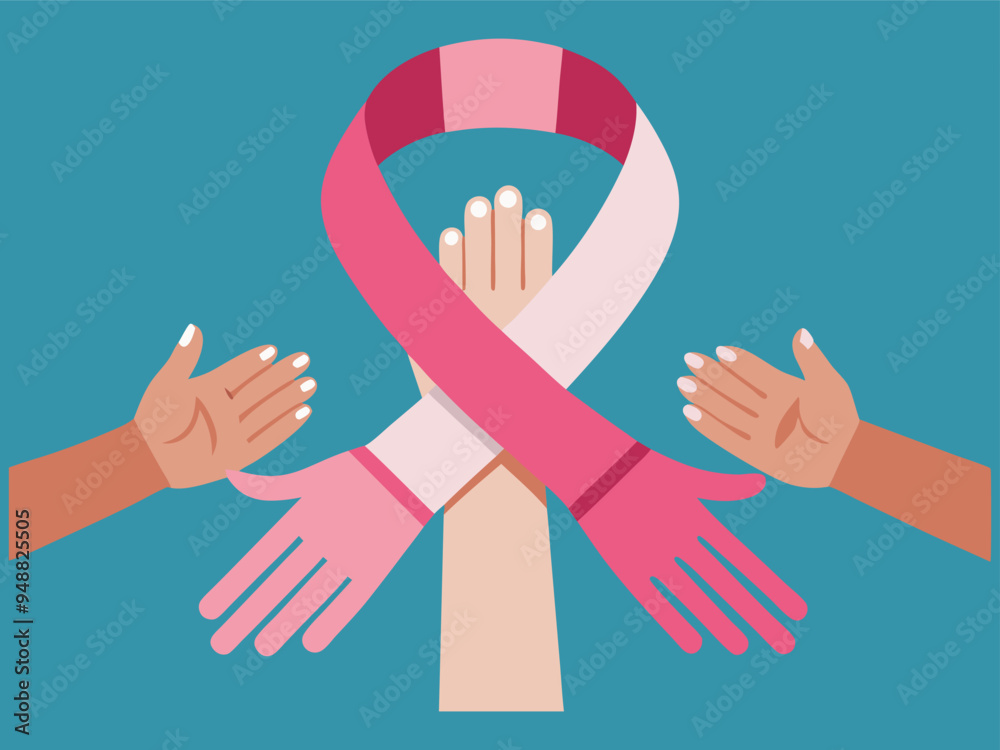 Obraz premium Multiple hands of different sizes and genders coming together to form a pink ribbon