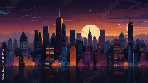 An illustration of a city skyline at sunset with the moon rising over the water