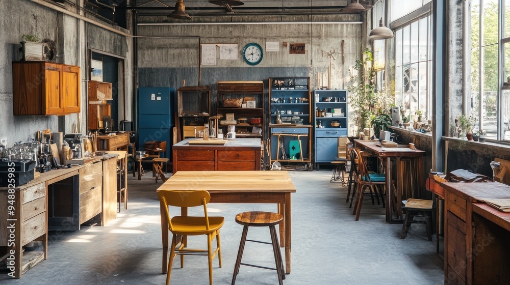 Fototapeta premium Industrial style interior design with wood furniture and a vintage clock.