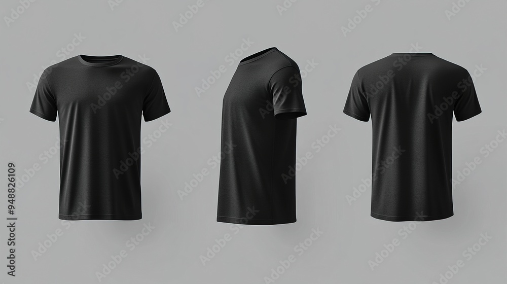 Three Black T-Shirts Displayed from Front, Side, and Back on Gray Background Three Black T-Shirts Displayed from Front, Side, and Back on Gray Background