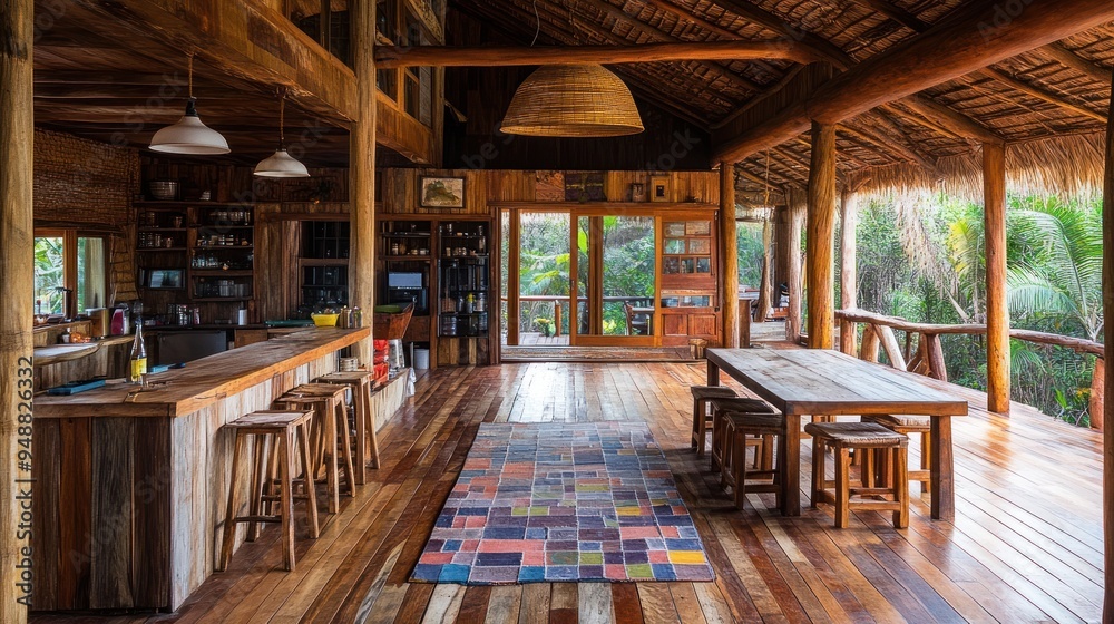 Fototapeta premium Rustic wooden interior with a view of the jungle.