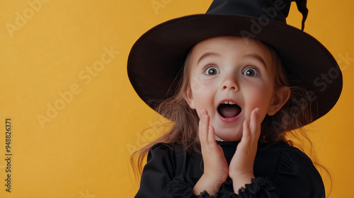 Cute Little Girl in Black Witch Halloween Costume with Wizard Hat on Bright Orange Background