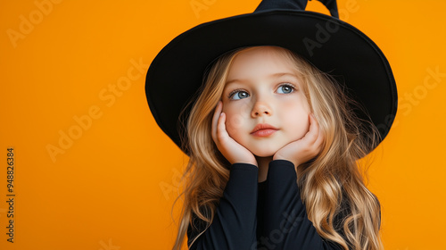 Cute Little Girl in Black Witch Halloween Costume with Wizard Hat on Bright Orange Background