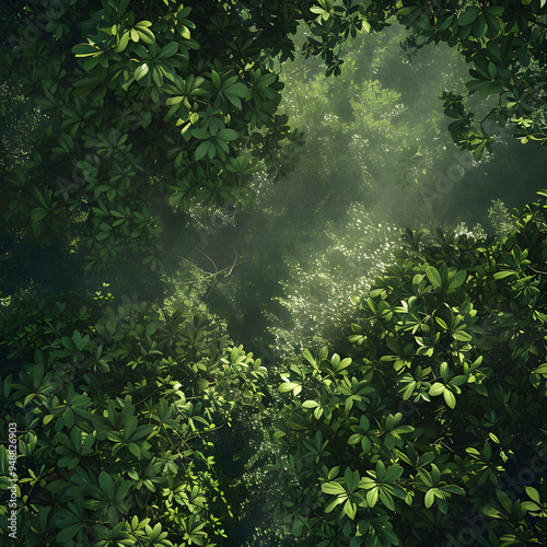 Dense Forest Canopy with Sunlit Leaves Creating a Serene and Tranquil Natural Mosaic