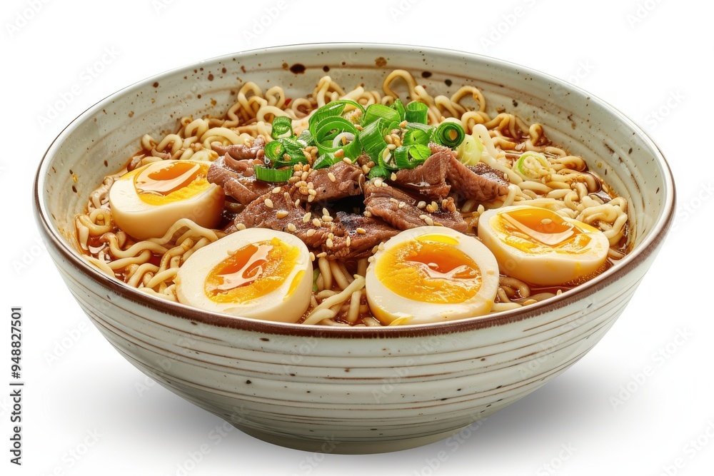 Delicious Bowl of Beef Ramen With Soft-Boiled Eggs Delicious Bowl of Beef Ramen With Soft-Boiled Eggs