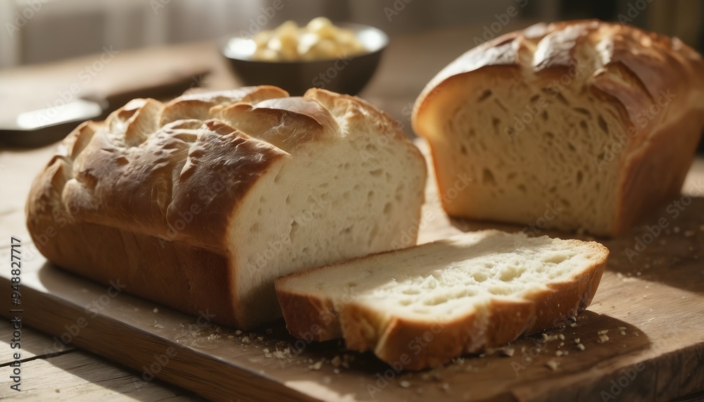 Freshly baked bread loaf, partially sliced on a wooden board. Freshly baked bread loaf, partially sliced on a wooden board.