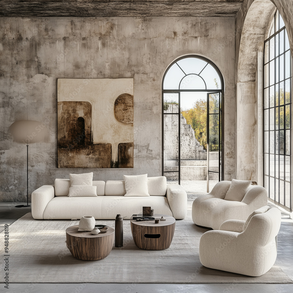 Modern Loft Living Room with Concrete Wall, Arch Windows, and Stylish Seating
Modern Loft Living Room with Concrete Wall, Arch Windows, and Stylish Seating