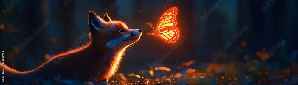 Obraz premium A curious fox interacting with a glowing, holographic butterfly in a lush, neon-lit forest, showcasing a blend of vibrant colors, photorealistic style, eye-level perspective