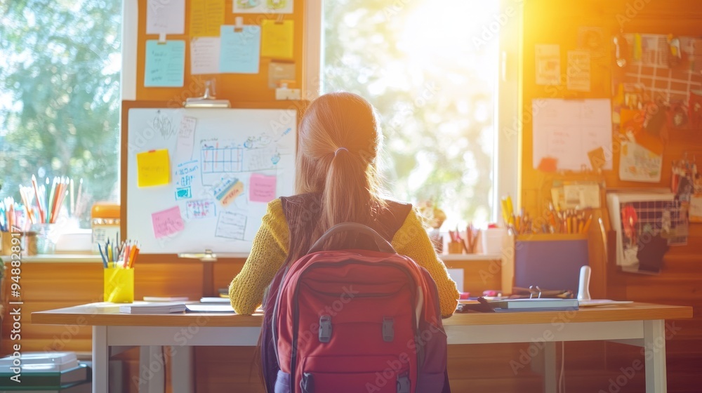 A young girl sits at a desk in front of a window, looking out with her red backpack by her side. A young girl sits at a desk in front of a window, looking out with her red backpack by her side.