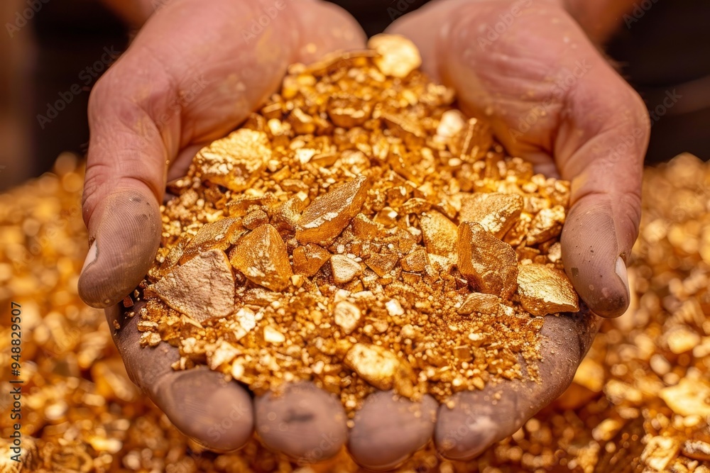 Craftsman holding small gold nuggets ready for melting to create stunning jewelry pieces Craftsman holding small gold nuggets ready for melting to create stunning jewelry pieces