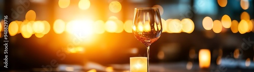 A long shot of an elegantly set dinner table under soft candlelight
