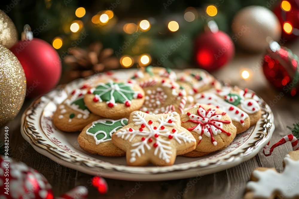 Decorated Christmas Cookies on a Plate with Festive Ornaments Decorated Christmas Cookies on a Plate with Festive Ornaments