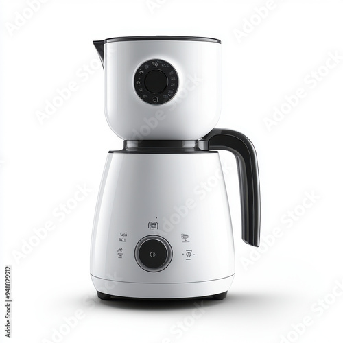 A compact white electric kettle with a modern, sleek design and intuitive controls, ideal for quick water heating.