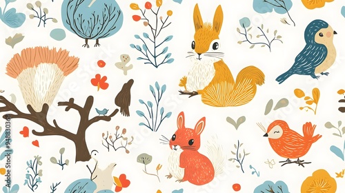 Seamless wallpaper with cute woodland critters like bunnies, squirrels, and birds in a bright, nature-