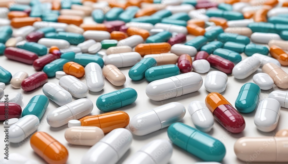 An assortment of capsules and tablets spread out, illustrating the variety of pharmaceutical forms available for different therapeutic needs, Generative AI An assortment of capsules and tablets spread out, illustrating the variety of pharmaceutical forms available for different therapeutic needs, Generative AI