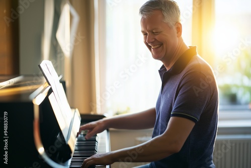 Man smiling while playing the piano in a bright room with natural light and copy space