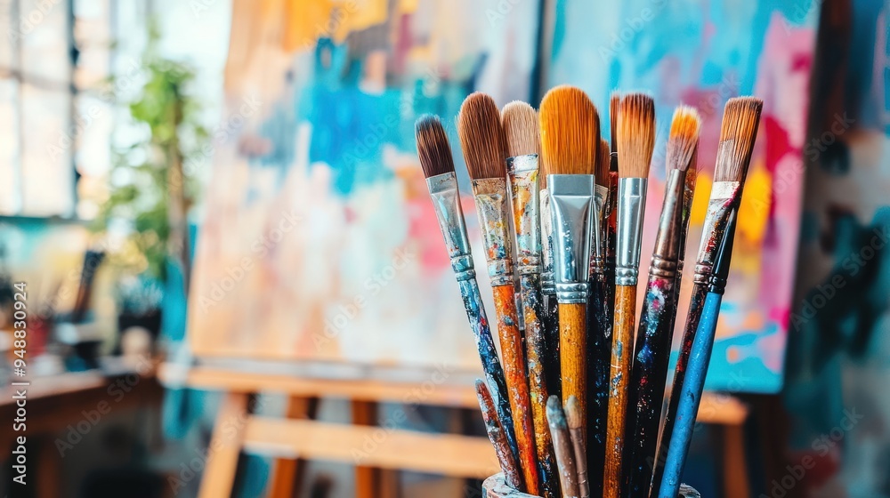 Fototapeta premium Paintbrushes Close-up on an Easel.