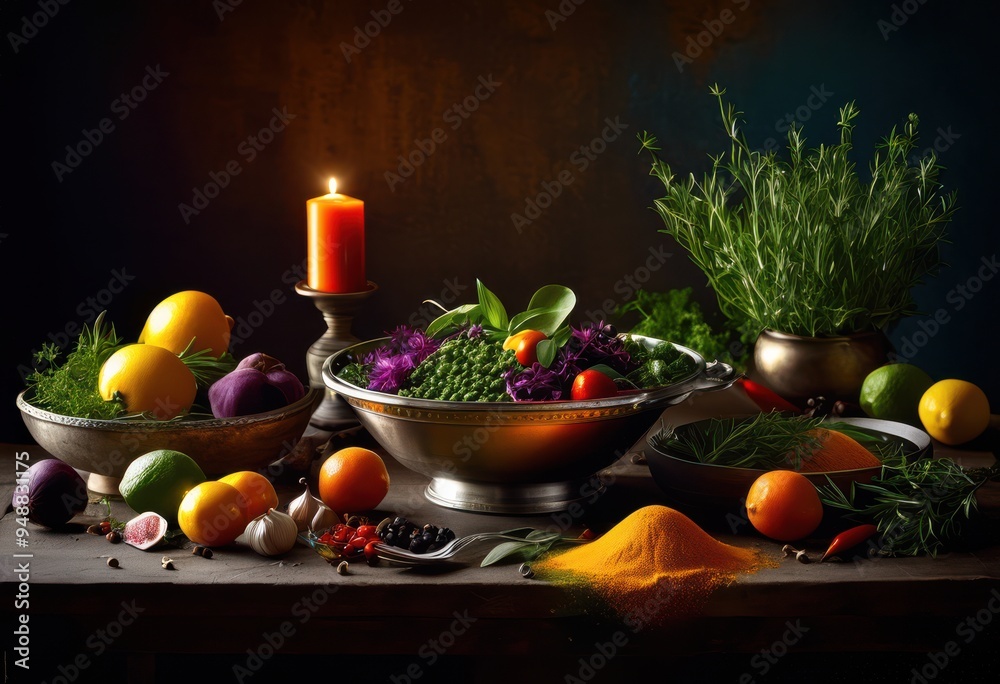Obraz premium vibrant food styling techniques stunning visual appeal culinary presentation, appetizing, arrangement, artistry, backgrounds, bowls, bright, charming