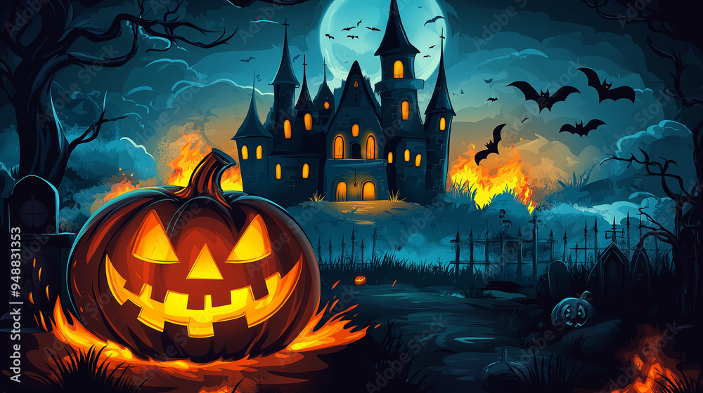 Dark Halloween Background Featuring a Jack-o'-Lantern with Spooky Castle Dark Halloween Background Featuring a Jack-o'-Lantern with Spooky Castle