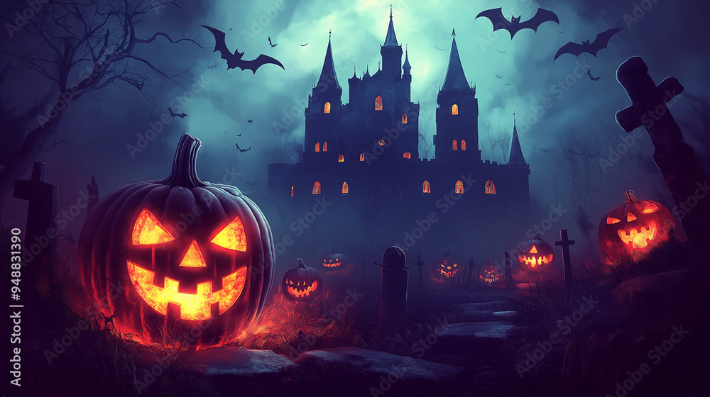 Dark Halloween Background Featuring a Jack-o'-Lantern with Spooky Castle Dark Halloween Background Featuring a Jack-o'-Lantern with Spooky Castle