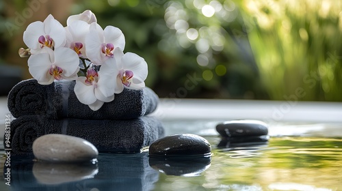 spa orchid with soft towels and massage stones. A serene spa setting featuring neatly rolled towels, smooth stones, and delicate white orchids floatin photo