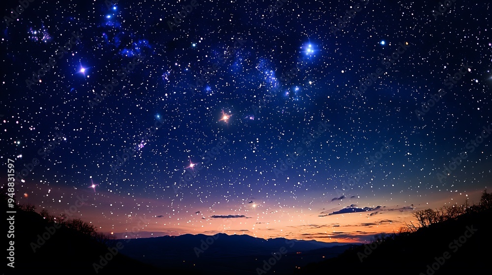 Starry Night Sky with Silhouetted Mountains and Sunset Horizon Starry Night Sky with Silhouetted Mountains and Sunset Horizon