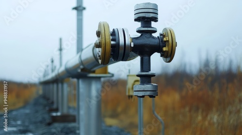 A close-up shot of an oil pipeline valve, symbolizing the halted construction due to the economic recession. The image depicts the impact of economic downturn on energy infrastructure projects. photo