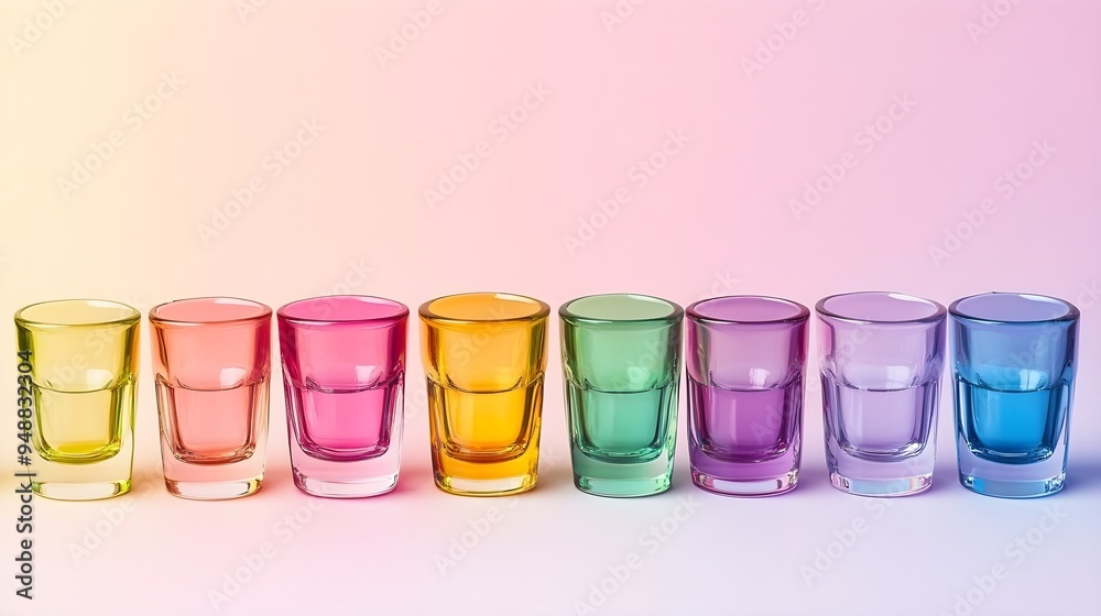 A set of colorful shot glasses arranged neatly on a light solid color background, showcasing their unique designs A set of colorful shot glasses arranged neatly on a light solid color background, showcasing their unique designs