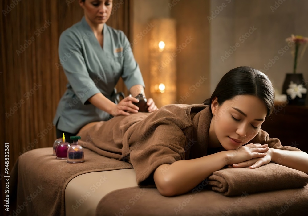 Obraz premium A masseuse massages a client. Heated back massage. Massage salon.