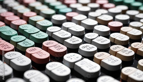 A macro shot of pharmaceutical tablets with engraved markings for dosage, focusing on the precision and clarity of the medication's instructions, Generative AI