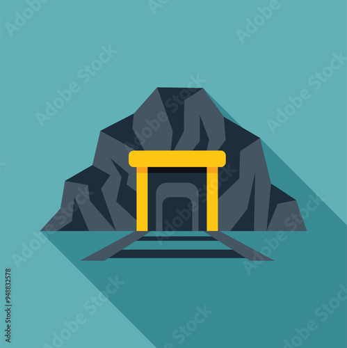 Illustration of a mine entrance with rails leading into the dark opening in a mountainside