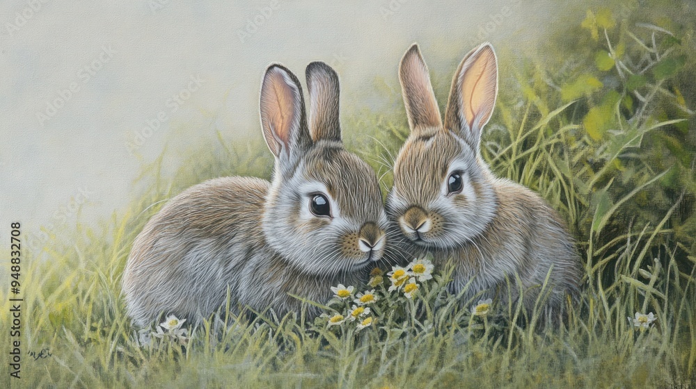 Two Adorable Bunnies in a Meadow Two Adorable Bunnies in a Meadow