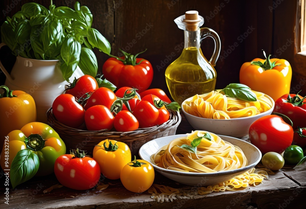vibrant ingredients blended together authentic flavorful italian cuisine experience fresh herbs rich textures, flavors, tomato, basil, garlic, olive, cheese vibrant ingredients blended together authentic flavorful italian cuisine experience fresh herbs rich textures, flavors, tomato, basil, garlic, olive, cheese