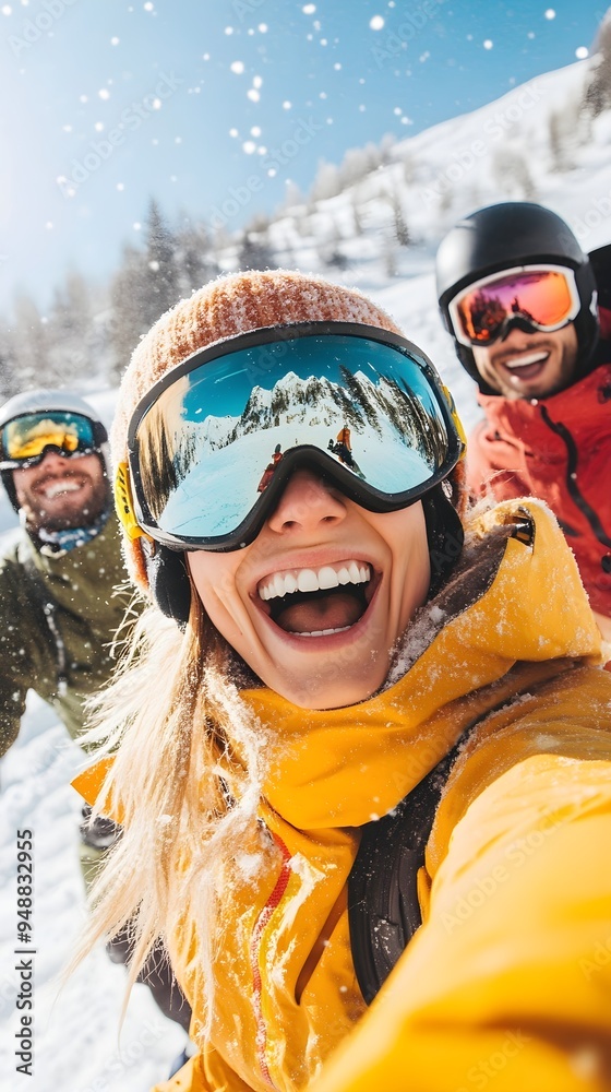 A group of friends in colorful snowboarding gear laughing and enjoying their time on the slopes, capturing the spirit of adventure A group of friends in colorful snowboarding gear laughing and enjoying their time on the slopes, capturing the spirit of adventure