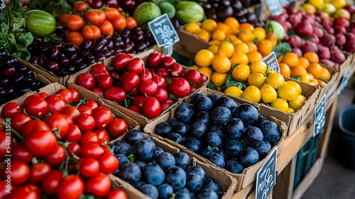 Sustainable farming. Vibrant display of fresh fruits and vegetables in a market setting, showcasing rich colors and textures for a healthy lifestyle. 