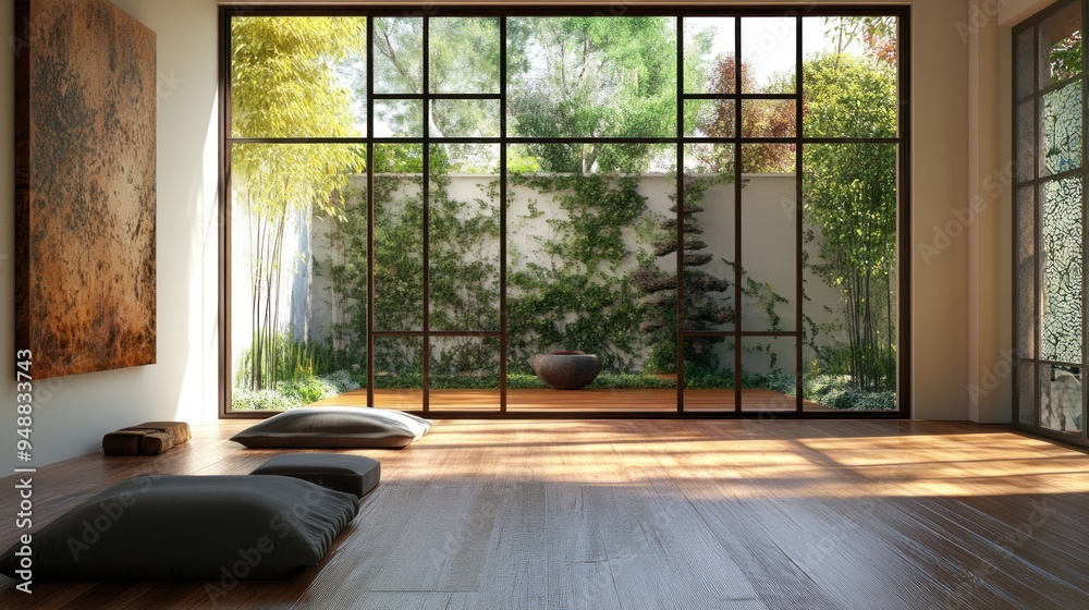 Fototapeta premium Sunlit Zen Room with Garden View.