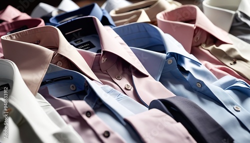 A close-up of a variety of dress shirts spread out on a table, highlighting their collars and cuffs, showcasing formal wear options, Generative AI