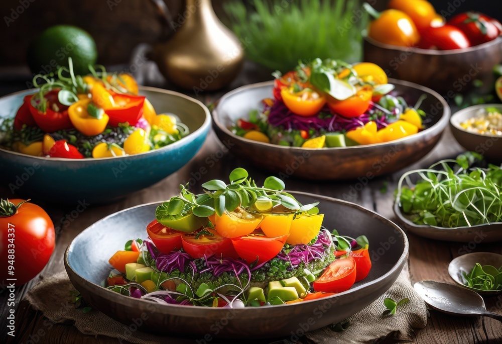 colorful vibrant plant based meals artfully arranged tabletop showcasing fresh ingredients culinary creativity, appetizer, banquet, bowl, brunch, catering
