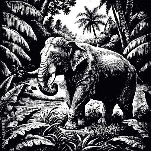 Asia elephant engraved vector
